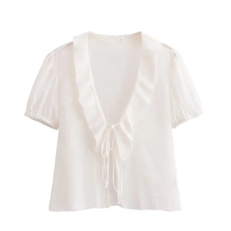 

Romantic Sle Mixed Fibre Linen Blend Women's irt Summer New Design Straight Cut ort Sve V-Ne Regular Length