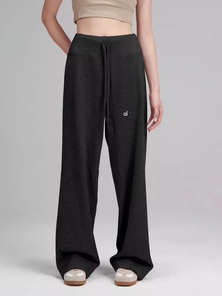 

Women's High-Waisted Wide-Leg Pants Spring Drawstring Loose Straight Fitness Sweatpants Casual Solid Sports Knitted Trousers