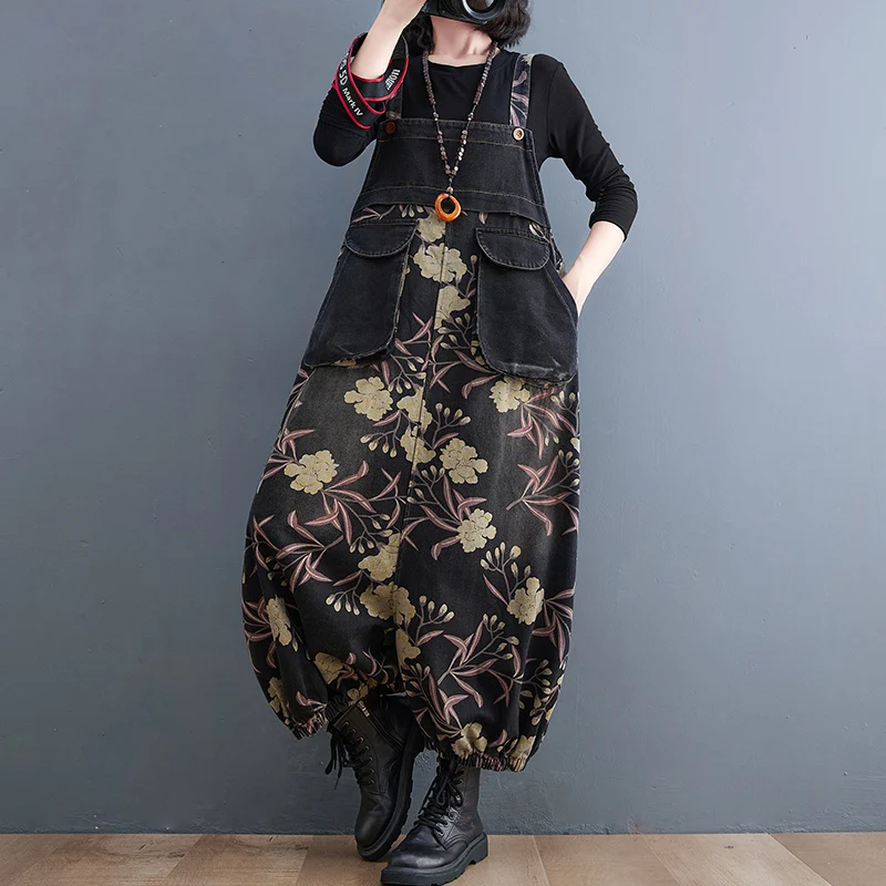 Overol de Mezclilla con Estampado Floral para Mujer, Hoado, Talla ande, Otoño Invierno, Cintura Alta, Plones Largos, ...