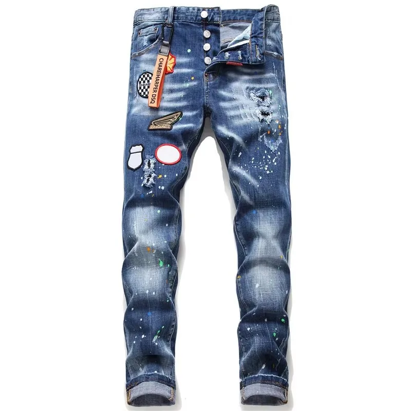 100Chareharper dsq 1045 Men's small straight leg embroidered jeans Ripped Fabric Stretch Paint Splash badge jeans