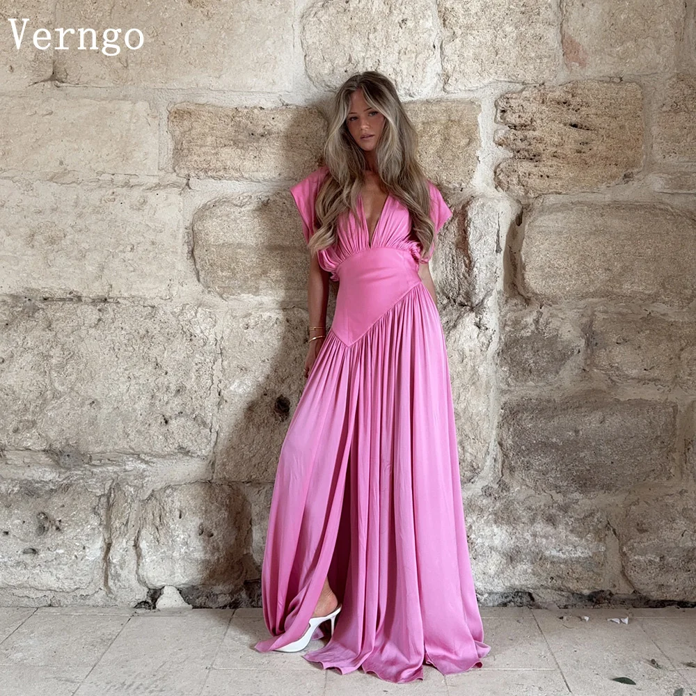 

Verngo Pink Satin Evening Dress V NecK A Line Short Sleeves Formal Occasion Dresses Women Elgenat Prom Party Gowns Customized