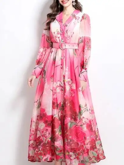 Eleganckie sukienki wieczorowe z bufiastymi rękawami, vintage, z wyłogami przy kołnierzyku, szykowny nadruk, modne szarfy, dopasowane, długie, odzież jesienna w stylu high street.