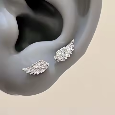 Fashion Silver Color Zircon Wing Stud Earrings for Women Luxury Shiny Crystal Geometric Personality Ear Bone Nail Jewelry Gifts