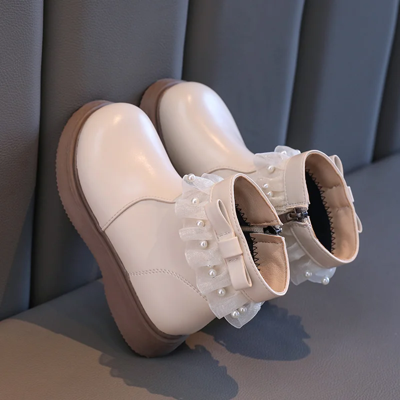 Sweet Baby Girls Lace Bow Zapatos Mujer Autumn/Winter Zipper Beaded Fashion Catwalk Toddler Boats  Soft Kids Single Booties