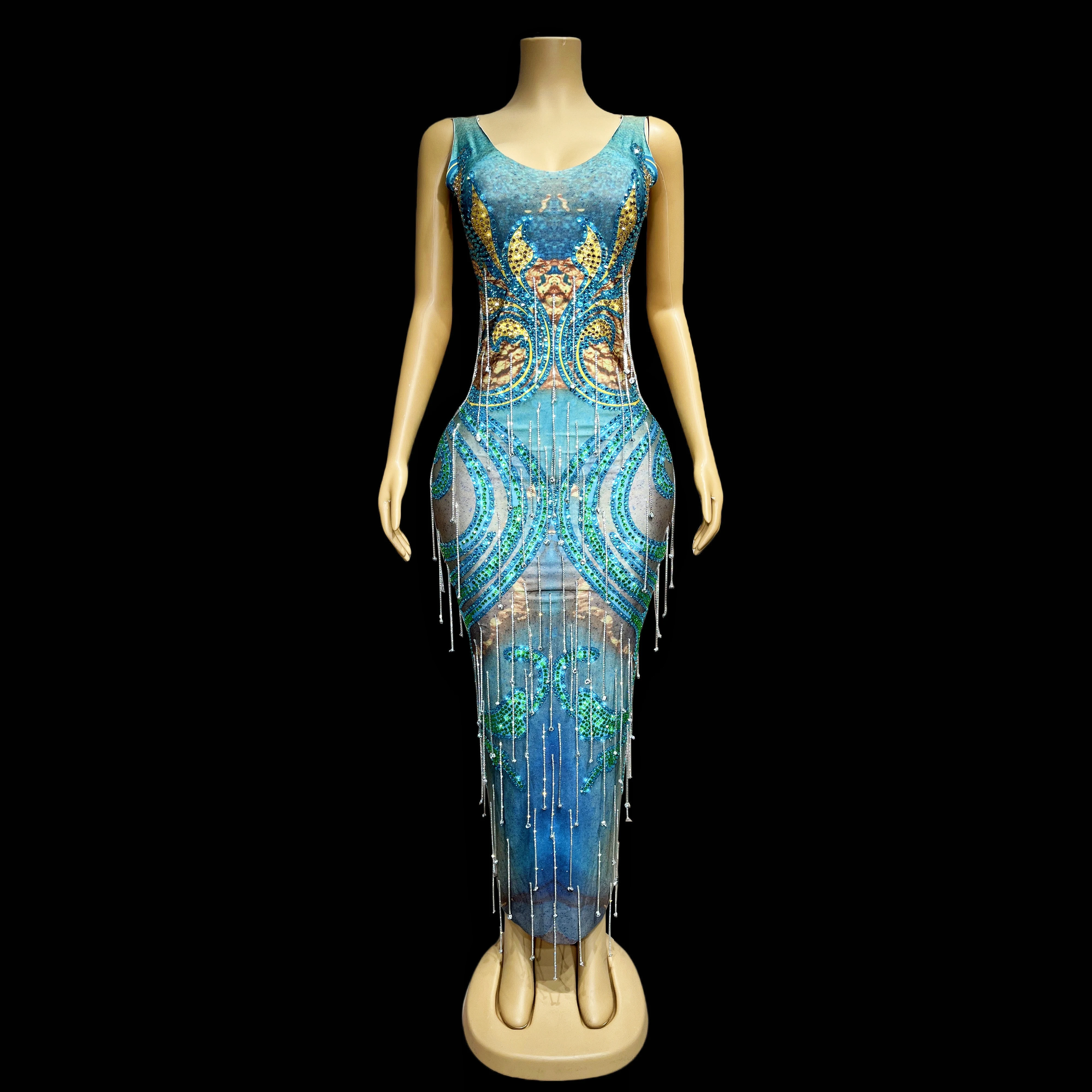 

Luxury Teal Heavy Industries Rheinstone Diamond Chain Spandex Dress Birthday Celebration Clothing Collection jinran