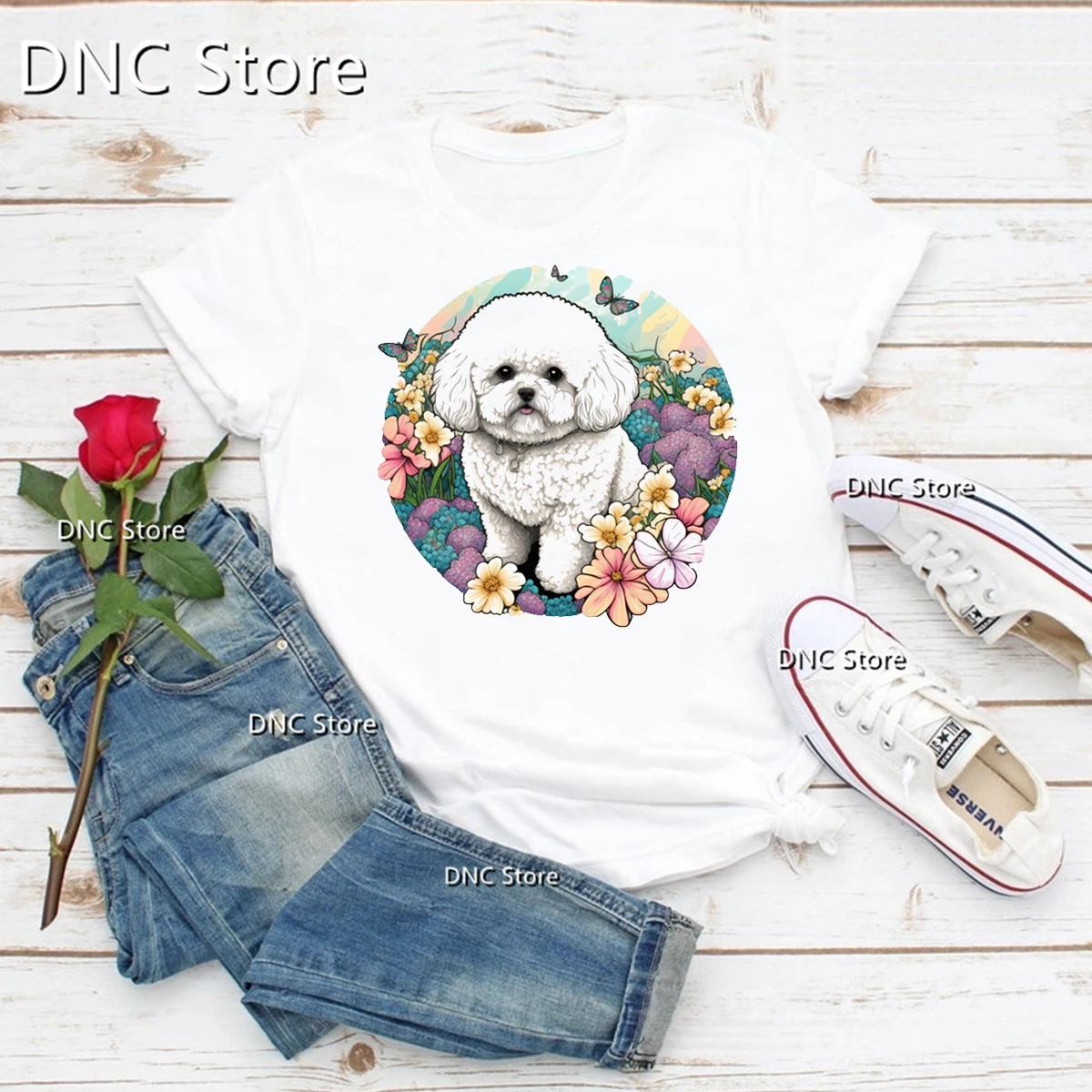 Border Collie Watercolor Butterfly Dog Print T Shirt Femme Fashion Casual Women'S T-Shirts Summer White O-Neck Basic Tshirt Tops