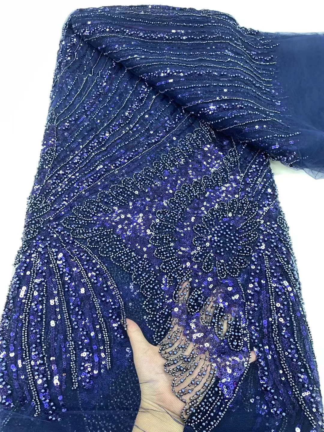 

African Beaded Groom Lace Fabric 2025 High Quality French Mesh Lace Fabric Sequins Nigerian Lace Fabrics for Wedding DressZX6248