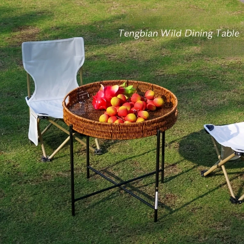 Round PE Rattan Side Table Portable Foldable Weather-Resistant Outdoor Coffee Table for Patio Garden Balcony