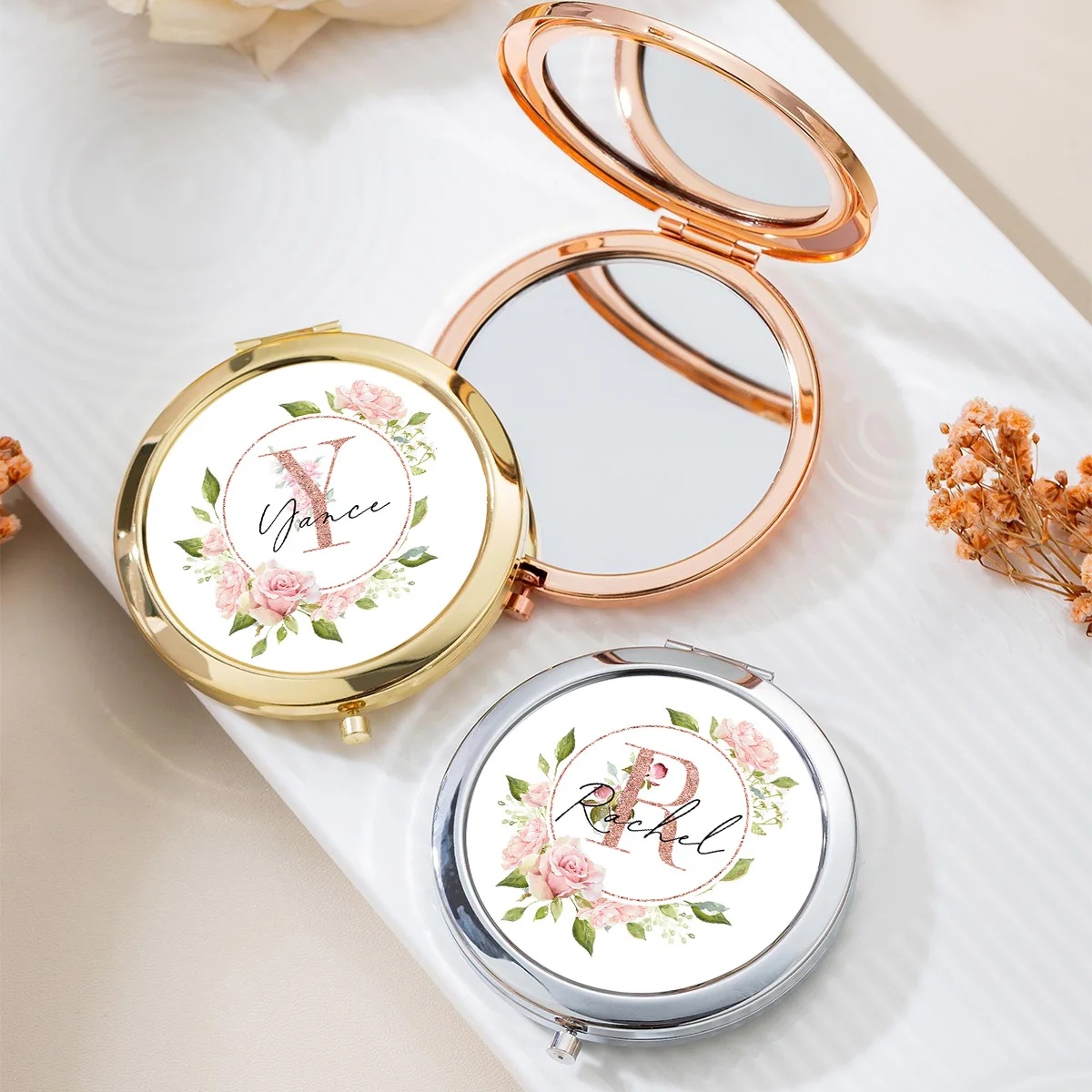 Personalized customized name and letter folding makeup mirror, double-sided portable pocket mirror suitable for women