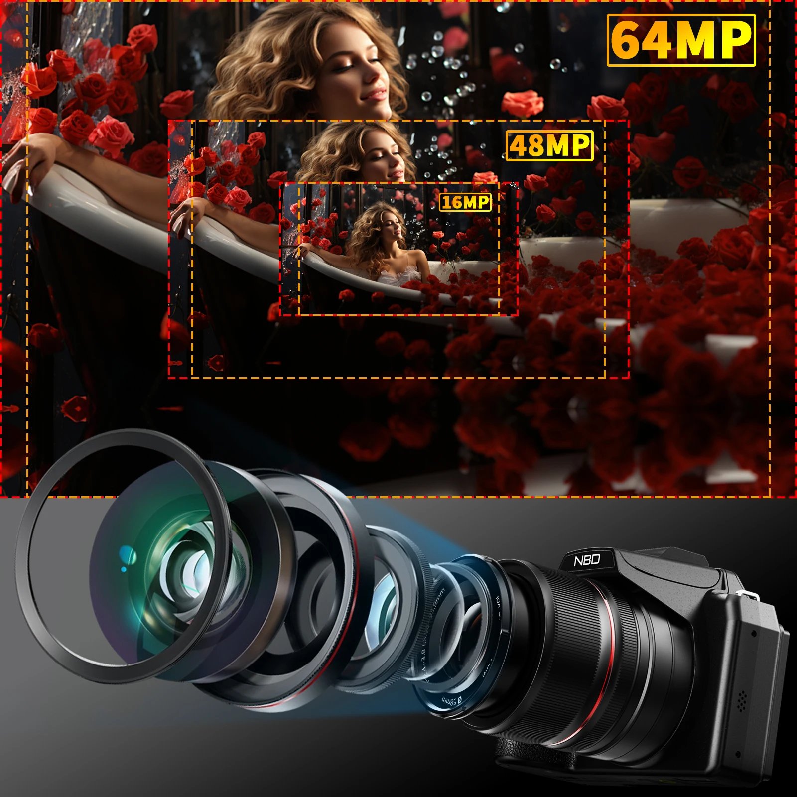 NBD S210 64MP Digital Camera 16X Optical Zoom 5K Flipable Screen