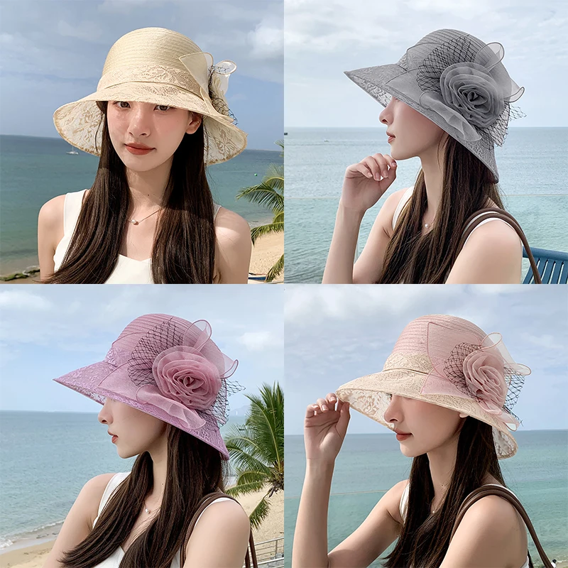 1pc Summer New Organza Flower Pot Hat Women\'s Elegant Outdoor Sunshade Cap Fashion Causal Large Brim Bucket Fisherman Hat