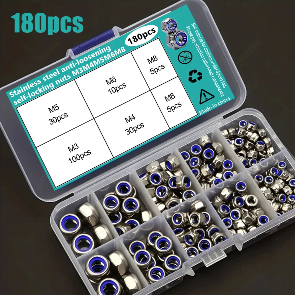 180-Piece Anti-Loosening Anti-Slip Lock Nut Kit, Sizes M3/M4/M5/M6/M8, Effectively Prevents Nuts from Loosening Under Vibration