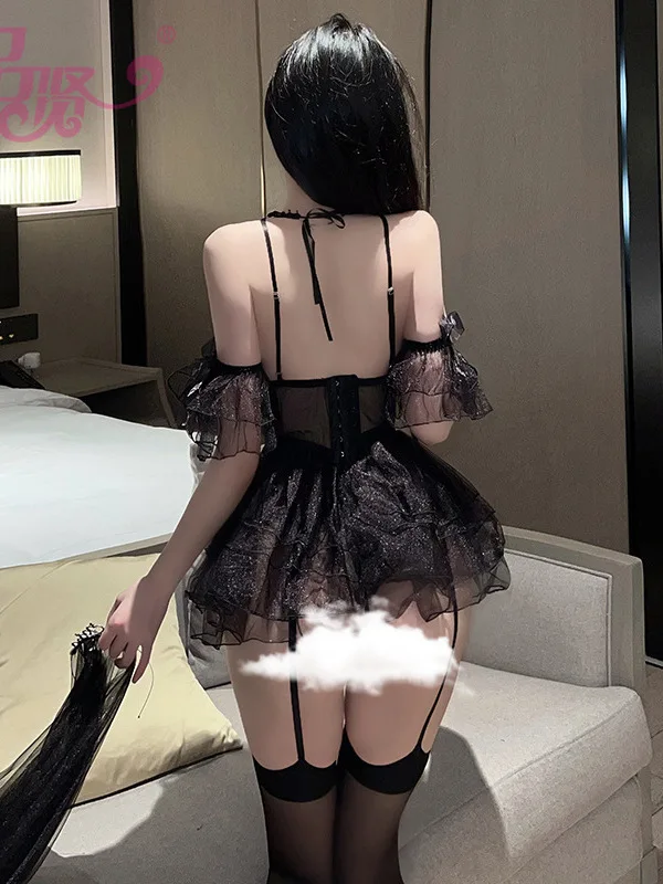 Mini vestido de encaje de malla transparente para mujer, Falda corta de malla Sexy, uniforme, vestido de novia elegante, Tops coreanos sexys para mujer, dulce 2023 76VC