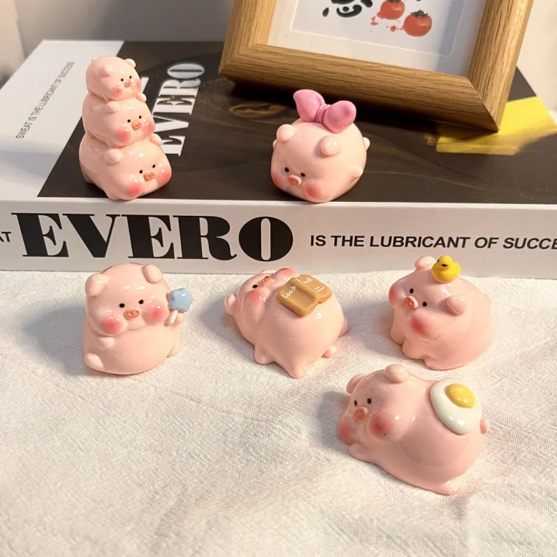 6Pcs Pink Color Cute Pig Mini Figurines Blind Bag, Resin Accessories, DIY 3D Cartoon Charms, Lovely Creative Desktop Ornaments