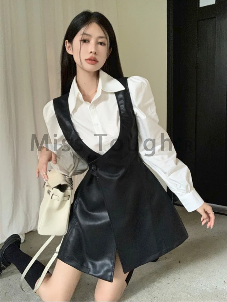 Winter Leather Vintage Two Piece Set Women Patchwork Elegant Suit Female Casual Korean Fashion Strap Dress+solid Shirt Set 2023