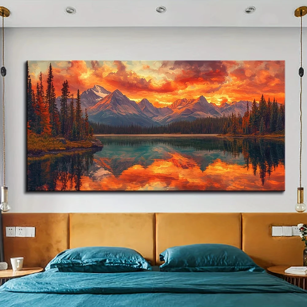 Mountain River Fir Forest Under Sunset Poster Prints Nature Landscape Canvas Painting Wall Art Picture for LivingRoom Home Decor