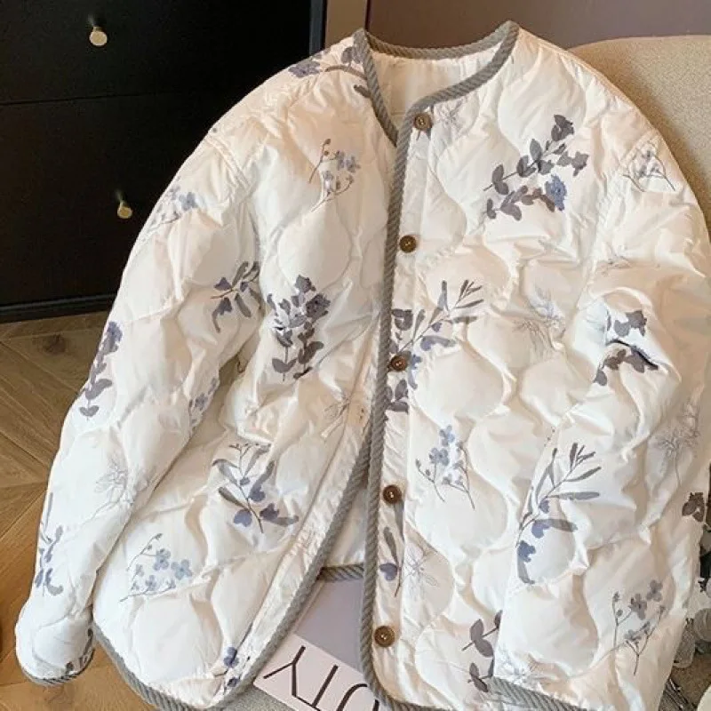 

Vintage Floral Quilted Jacket Women's O Neck Single Breasted Diamond Plaid Loose Warm Outwear Fashion Long Sleeve Coat Top 2025