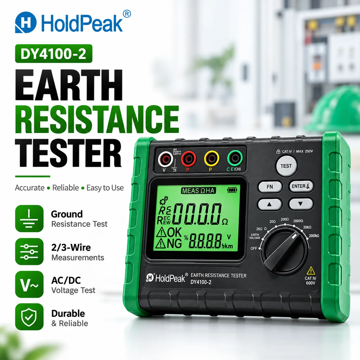 Earth Resistance Tester Digital Grounding Meter 0.03-2000Ω, Backlight LCD Data Hold Soil Resistivity for Solar PV Communication