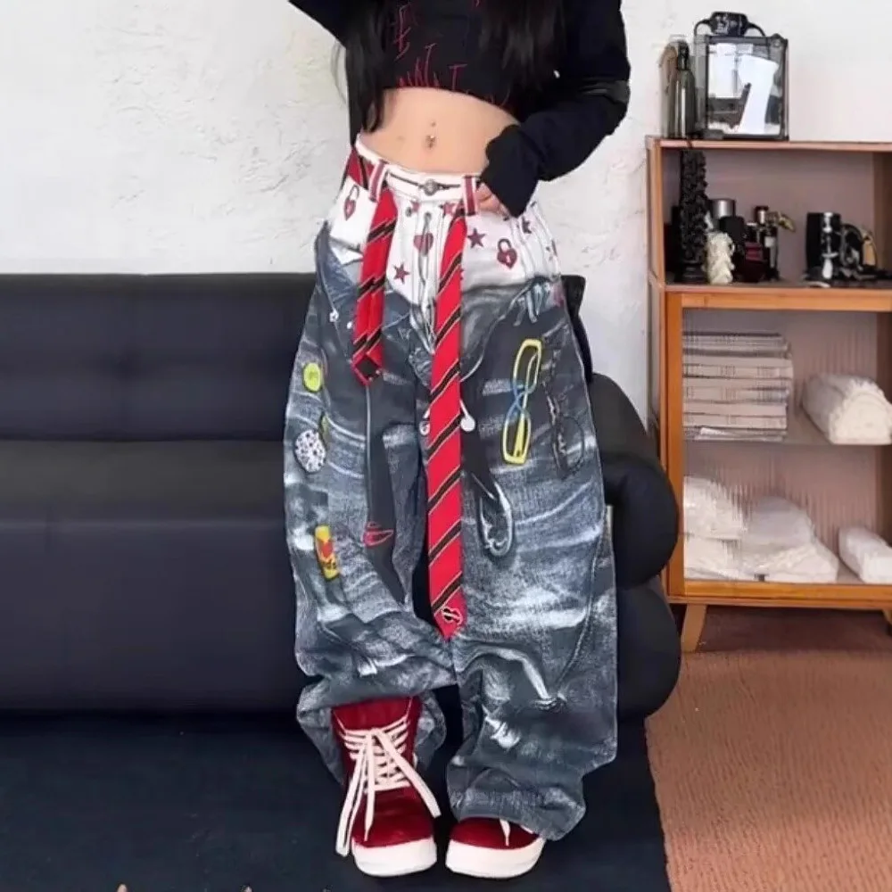 2026 Spring New Women's 3D Printed Cartoon Graffiti Jeans American Retro Gothic Y2K High Waist Loose Wide Leg Pants