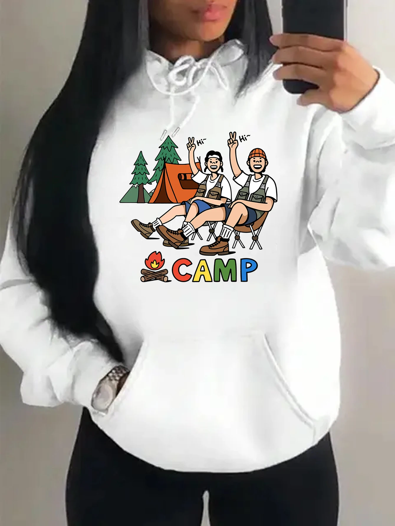 Happy Camping Activity For Couples Pattern Y2K Womenswear Fashion Loose Clothing Autumn Fleece Hoodies All-Match Unisex Hoody