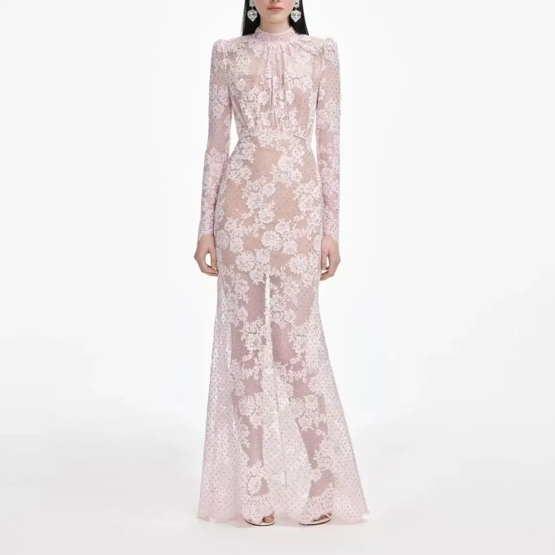 

Women Lace rhinestone pink maxi dress high waist fashion long dress