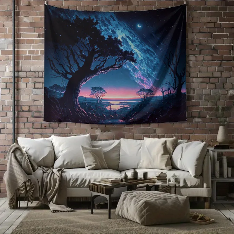 نسيج حائط مذهل مع شجرة كونية وديكور منزلي ليلي مرصع بالنجوم لغرفة المعيشة أو غرفة النوم مقاس كبير جدًا (80 × 60 بوصة) #6