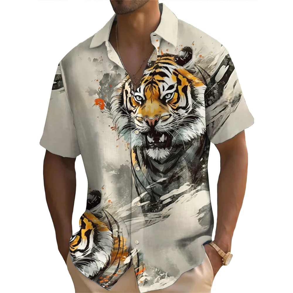 Summer Fashion Men\'s Short Sleeve Shirt Vintage Animal Tiger Print Street Casual Daily Oversized Men\'s Shirts Oversized Tops