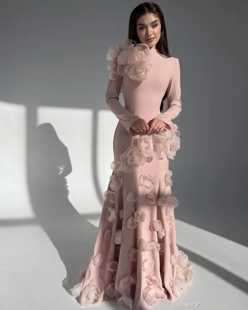 

Customized High Quality Women Jersey Handmade Flower Beading Mermaid Evening Dresses Classic High Collar Long Sleeves Party Gown