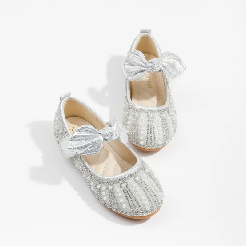 Girls Crystal Princess Shoes 2026 Autumn New Child Soft Soled Single Shoe Fashion Girl Bow Performance Dress Leather Shoes