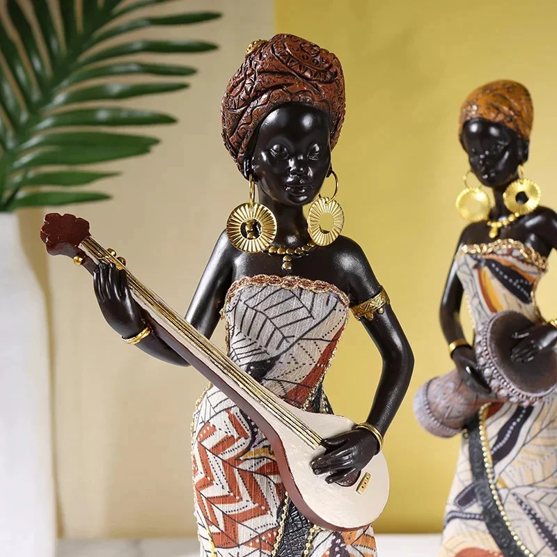 African Tribal Black Women Art Sculpture Retro Exotic Style Nation Music Ethnic Drum Art Resin Crafts Home Elegant Decoration