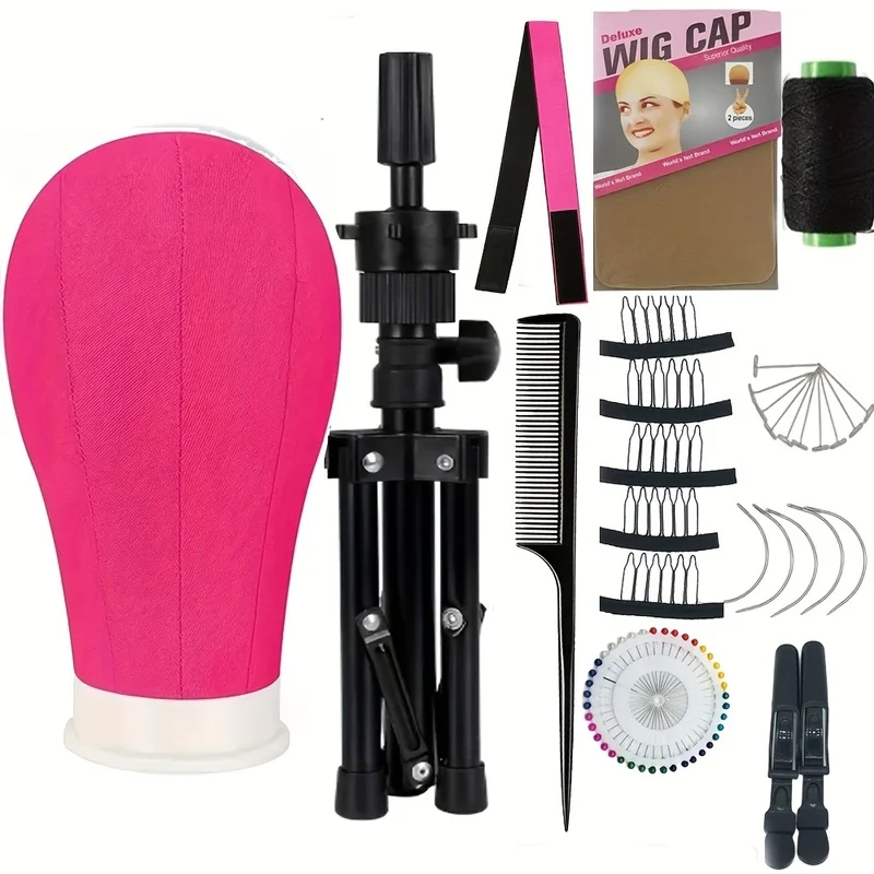 22Inch Canvas Block Head Kit Featuring a Mounting Hole Stand, Hair Styling Clips, T Needles, CNeedles, Thread, And Lace Wig Caps