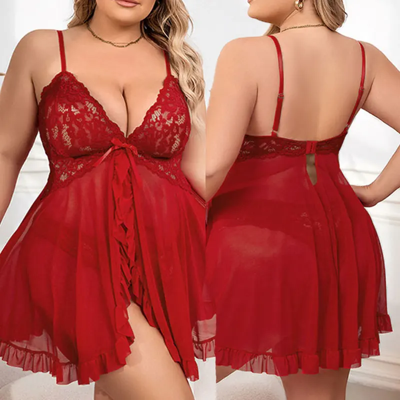 Set da 2 pezzi di camicia da notte sexy trasparente oversize vino rosso lingerie calda abito da notte bellissimo pigiama con perizoma babydoll sessuale