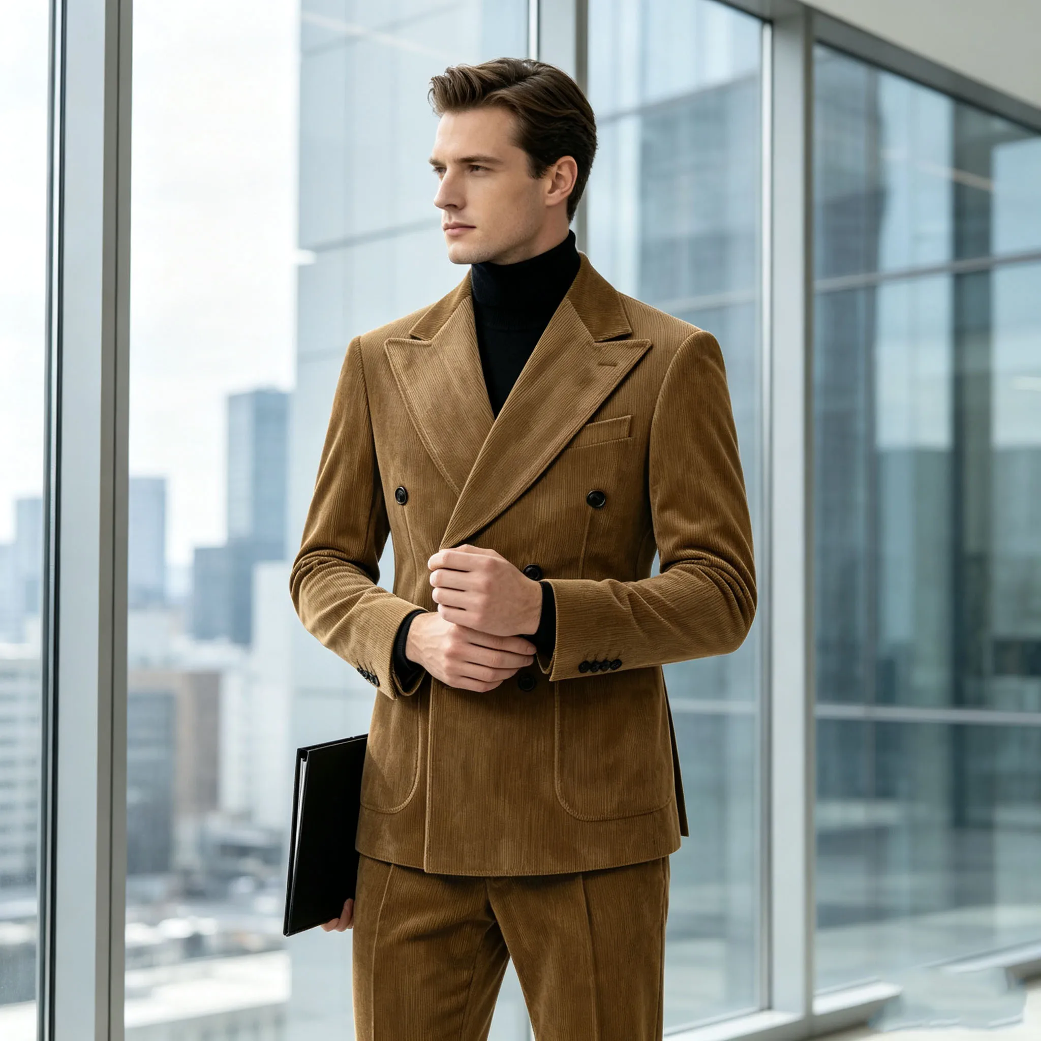 Men's Brown Corduroy 2 Piece Suit Double Breasted Peak Lapel Blazer Pants Slim Fit Formal Gentleman Set For Business Wedding Par