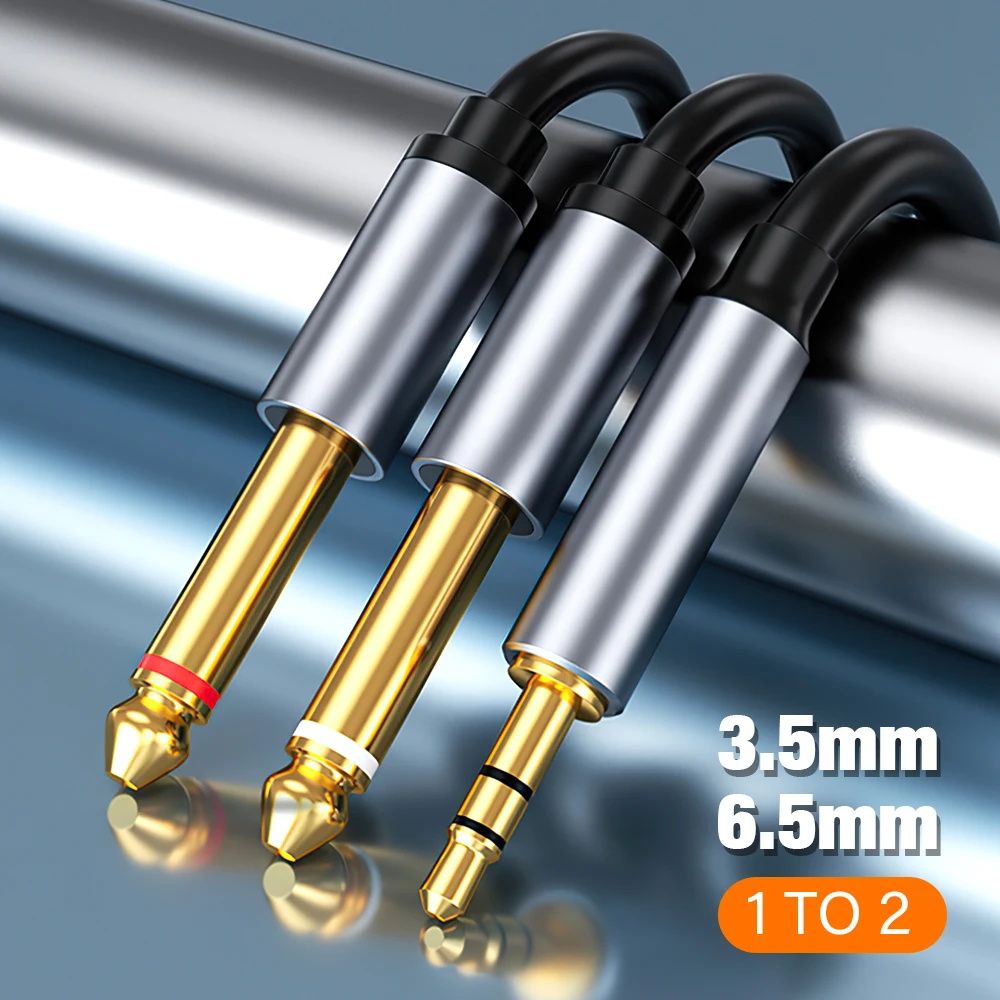 كابل ستيريو مطلي بالذهب عيار 24 قيراط 3.5 إلى 6.35 3.5 ملم TRS إلى 2 × 6.35 ملم TS Mono Y سلك صوت مقسم متوافق مع هاتف iPod والكمبيوتر المحمول #1