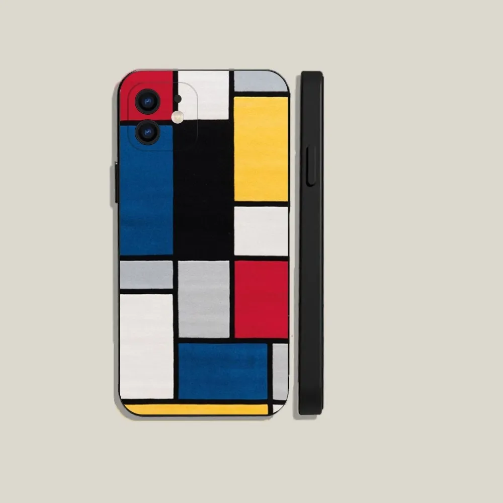 TOPLBPCS Custodia per telefono Mondrian Grid per iPhone 15,14,13,12,11,Plus,Pro Max,XS,X,XR,SE,Mini,8,7 Cover morbida in silicone nero