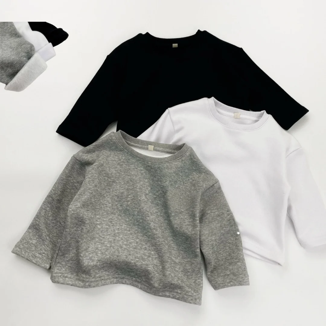 Kids Cotton Fleece Lined Long Sleeve T-Shirt Top 1-6Y Girl Boy Solid Color Warm Undershirt Spring Winter Children Sweatershirt