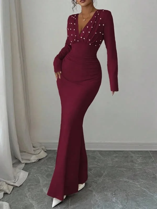 Krismile Women's 2026 Elegant Evening Dress Deep V-Neck Pearl Bodycon Wine Red Formal Party Cocktail Sexy Chic Woman Maxi Dress