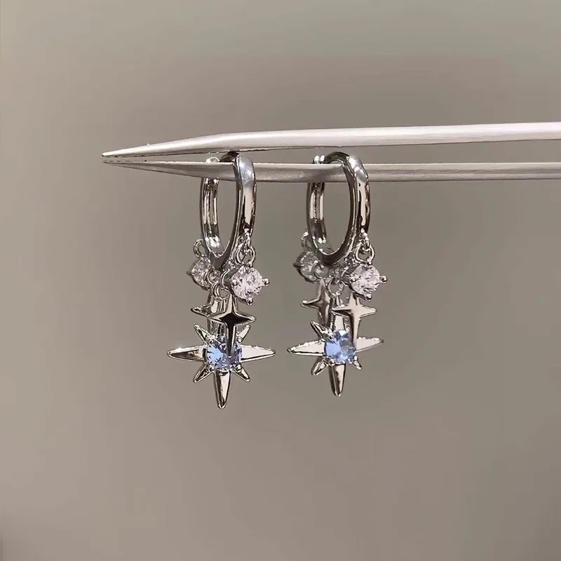 

Sweet Cool Blue Zircon Octagonal Circle Earrings For Women Exquisite Star Pendant Earrings Ladies Vacation Jewelry Accessories
