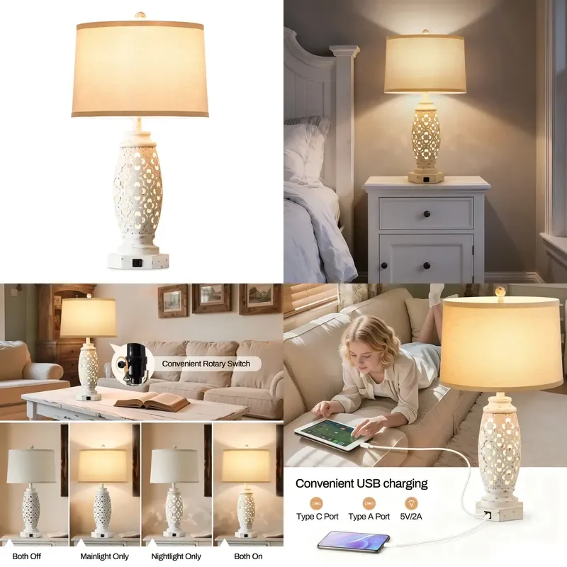 for Living room bedroom with 28.5 inch farmhouse lamp, bedside table lamp with 2 USB ports, white hollow resin lamp