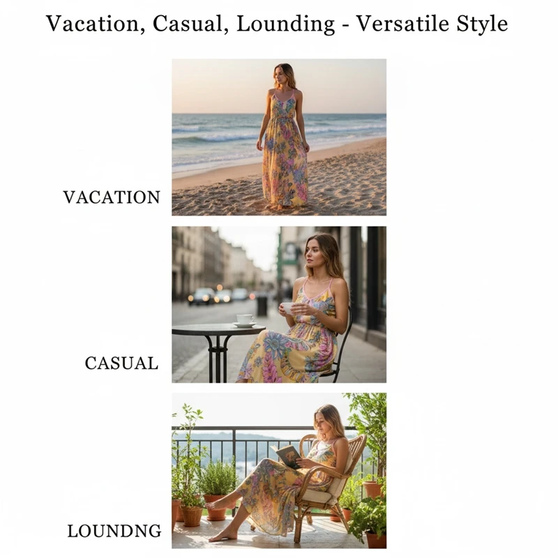 فستان صيفي مطبوع عليه زهور للنساء فستان طويل فضفاض بياقة على شكل حرف V وحزام سباغيتي - ملابس منتجع عطلة متدلية