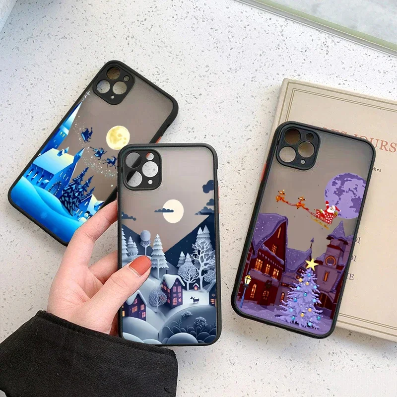 Merry Christmas Tree Snow Scene Matte Hard Back Phone Case for iPhone 16 15 14 Pro Max 13 12 Mini 11 Pro XS XR X 7 8 Plus Cover