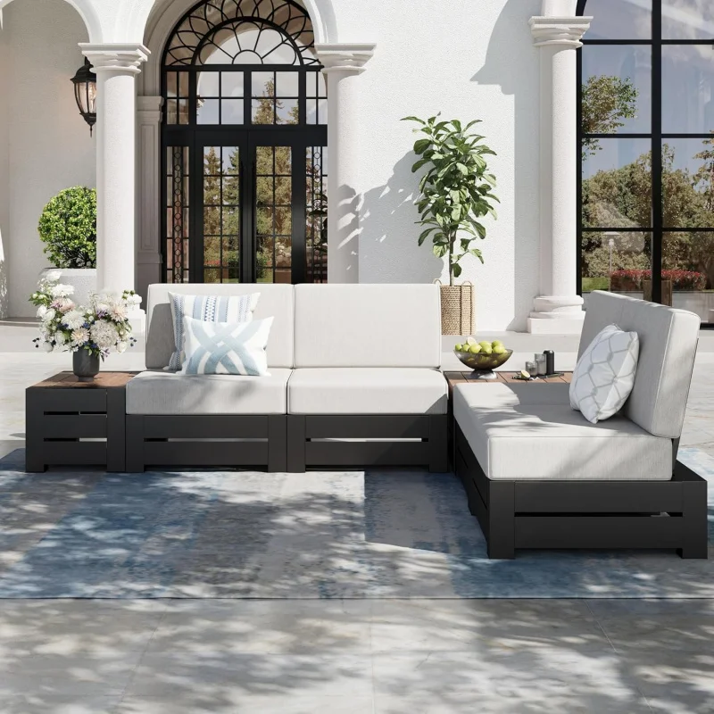 

6-Piece Metal Patio Sectional Set, L-Shaped Outdoor Conversation Sofa with 5.9 Thick Cushions, Coffee Table & Side Table