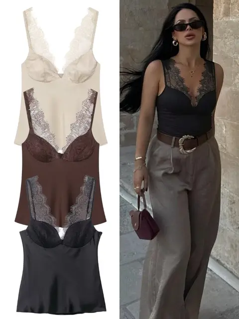 HH Elegant Women Lace Splice Sexy Satin Sling Tops 2026 Spring Summer Fashion Female V-Neck Backless Slimming Underwear Vest