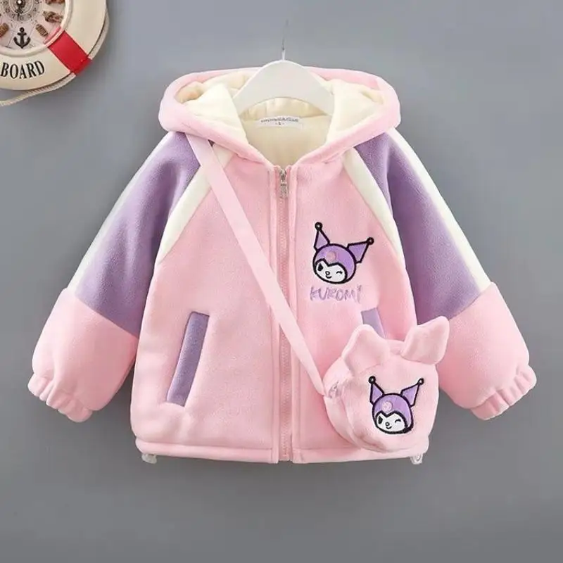 Girl Coat Sanrio Coat Winter Thicken Child Woolen Sweater Kuromi Cartoon Fashion with Bag Cotton Coat Kawaii Cute Cotton Clothes