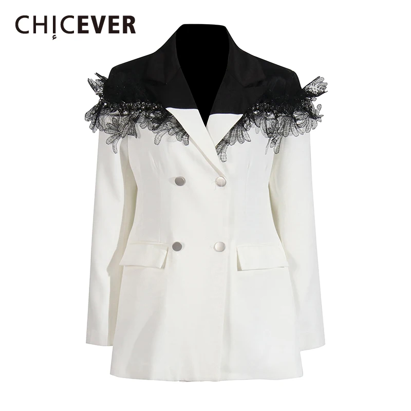 

CHICEVER хитовые цветные двубортные пиджаки для женщин с зубчатым воротником и длинными рукавами в стиле пэчворк, офисные пальто с кружевными краями, женские