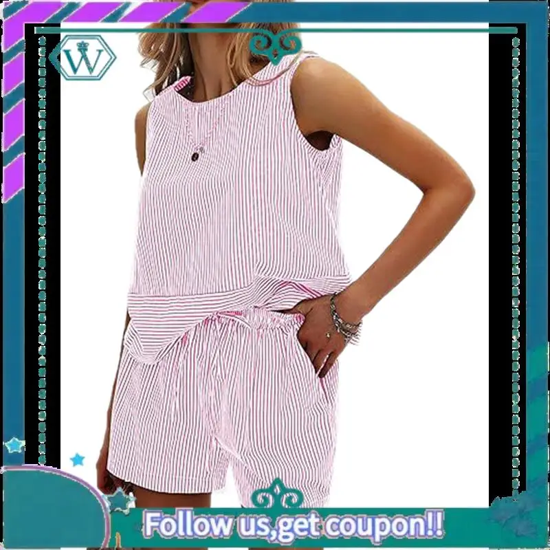A09P Damskie letnie komplety dwuczęściowe: bezrękawnik i dopasowane szorty, bawełniane zestawy w paski