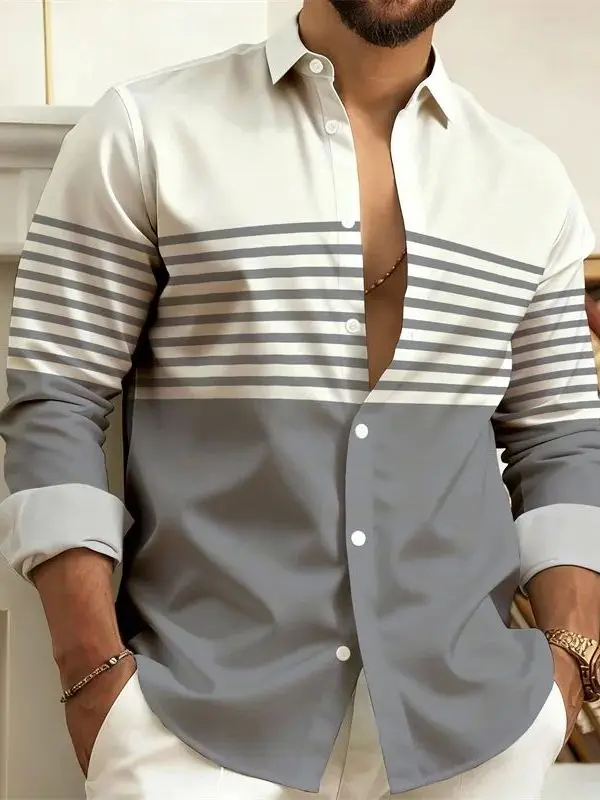 

Мужская повседневная футболка с длинным рукавом, принтом и полосками, с воротником, из полиэстера, не требующая глажки, для всех сезонов