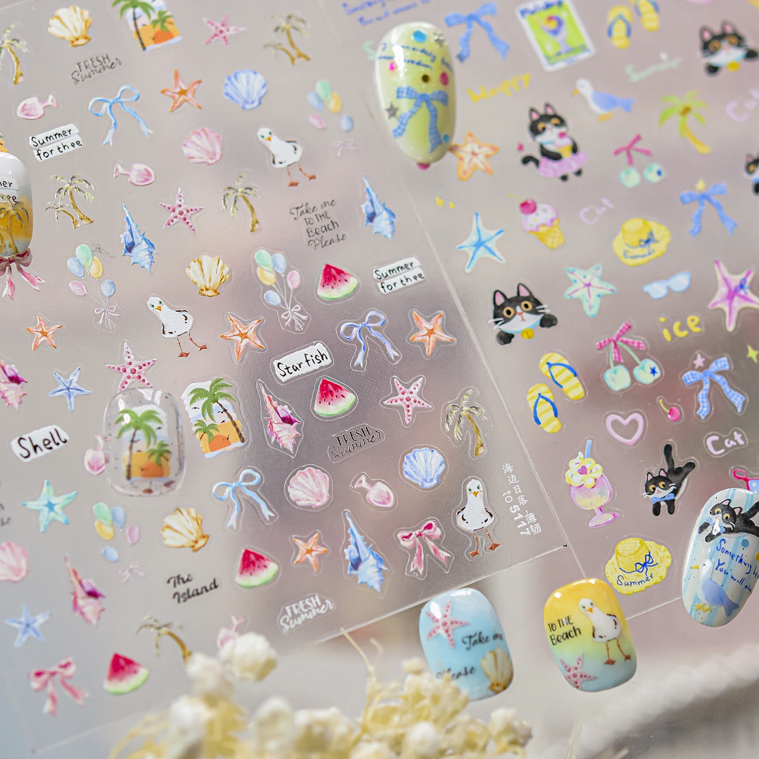 

1PCS Summer Beach Style Coconut Tree Ocean Stickers For Nails Nail Decorations Cute Cartoon Cat Embossed Nail Sticker Nail Parts