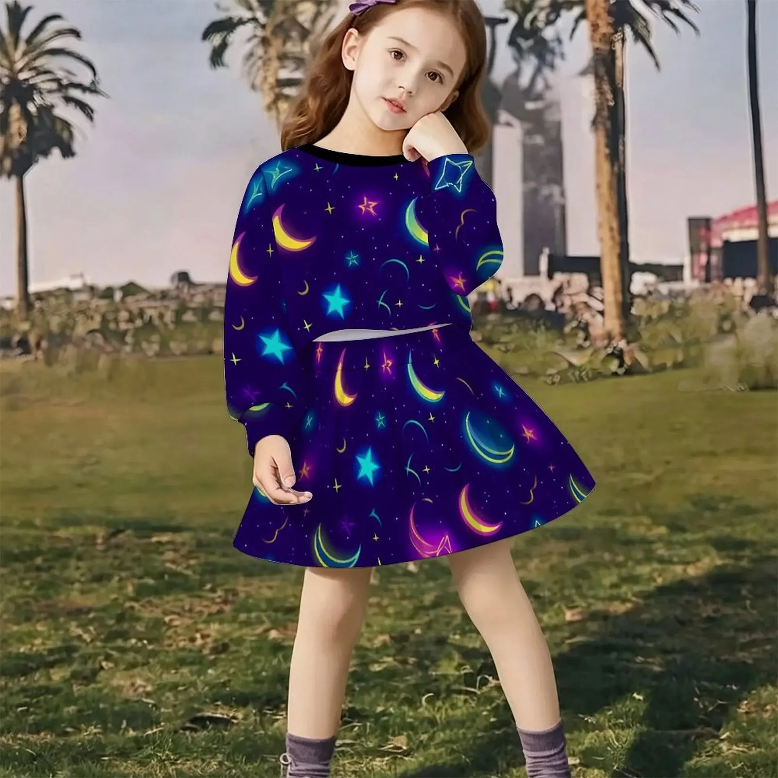 Girls  Princess Style Outfit Long Sleeve Print Top Fashion Skirt Lightweight Whimsical  For Birthday Party Holiday