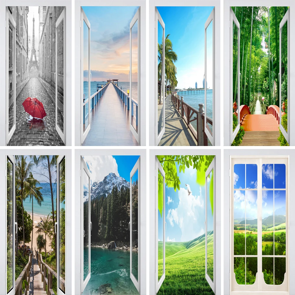 

3D Imitation Glass Window Door Sticker Waterproof PVC Season Landscape 3D Wallpaper Poster on Door Fridge Mural Home Decorations